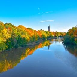 The Aura River, lined with autumn-coloured trees, and Turku Cathedral in the distance.
